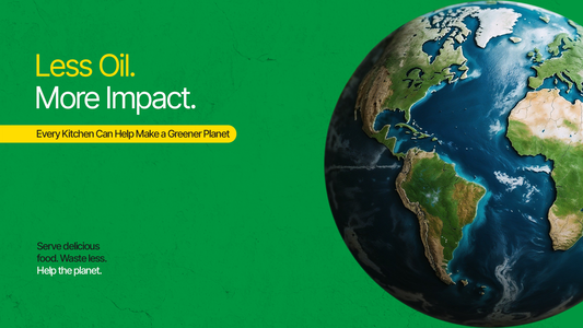 A graphic emphasizing "Less Oil, More Impact" with a bold font and a background of green leaves symbolizing sustainability.