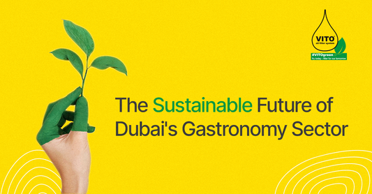 Hand holding a small plant against a yellow background with the text "The Sustainable Future of Dubai's Gastronomy Sector" and a "VITO" logo.