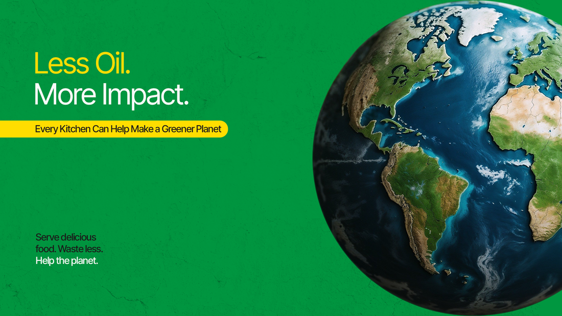 A graphic emphasizing "Less Oil, More Impact" with a bold font and a background of green leaves symbolizing sustainability.