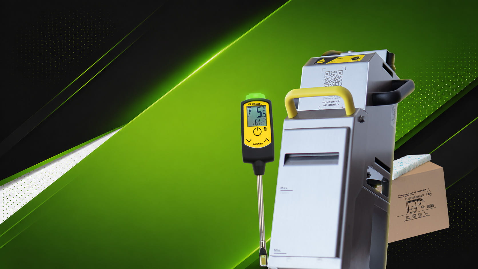 VITO VM featuring FT CONNECT oil tester and a filter paper box, set against a vibrant green background.