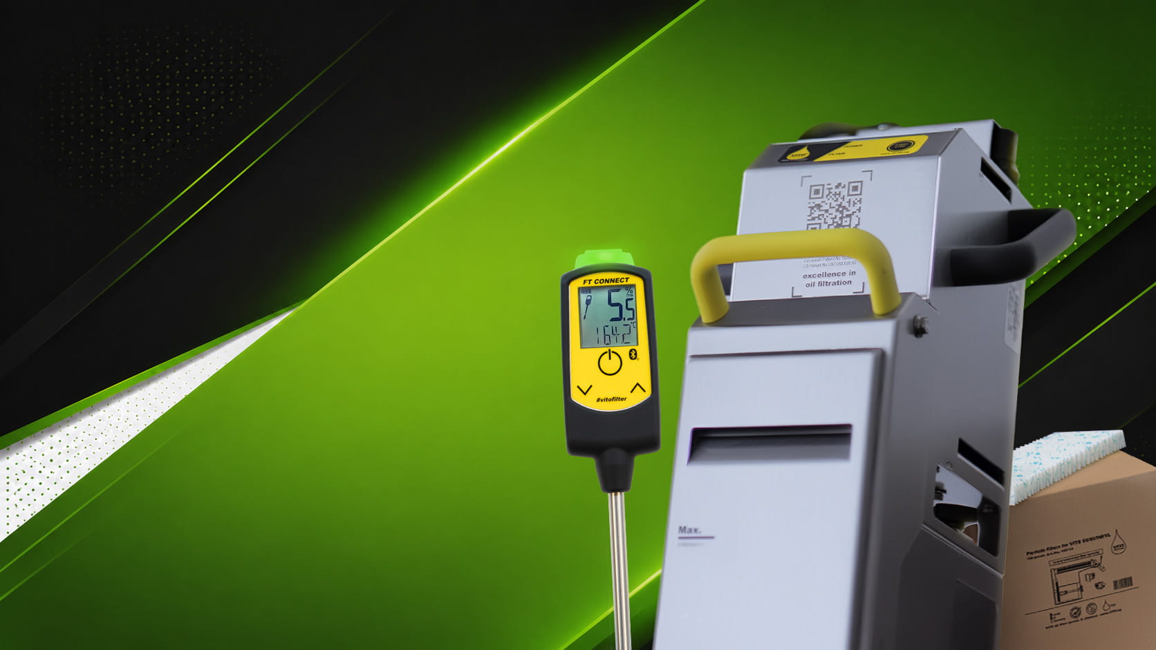 VITO VM featuring FT CONNECT oil tester and a filter paper box, set against a vibrant green background.